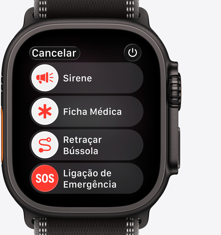 Apple Watch Ultra 3 com caixa preta de titânio mostrando opções de assistência em emergências: Ficha Médica, Retraçar Bússola, Ligação de Emergência