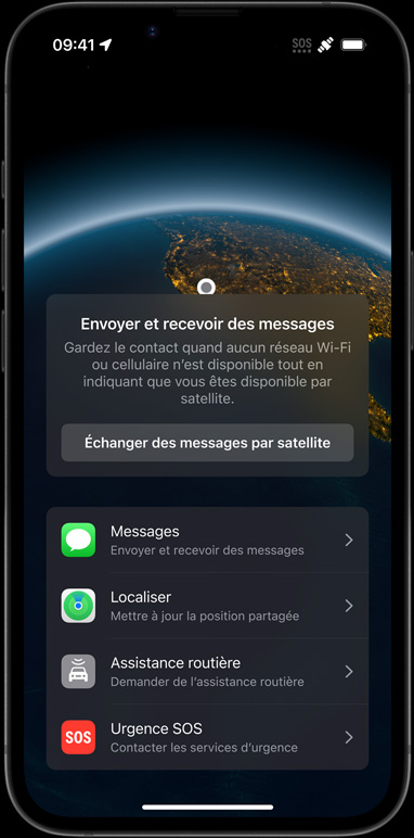 iPhone seize-e montrant des fonctionnalités de connectivité comme Messages par satellite, Localiser et Urgence SOS.