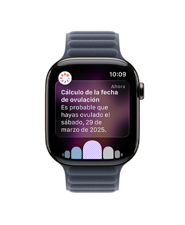 Apple Watch Series 11, color pizarra, caja de titanio, notificación de cálculo de la fecha de ovulación de Control del Ciclo en la app Salud, Digital Crown, correa de eslabones magnéticos, color azul marino