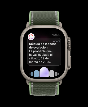 Apple Watch Ultra 3, caja de titanio natural, notificación de cálculo de la fecha de ovulación de Control del Ciclo en la app Salud, correa Trail, azul/azul brillante