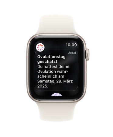 Apple Watch SE 3, Aluminiumgehäuse, Farbe Polarstern, Mitteilung vom Zyklusprotokoll in der Health App zum geschätzten Ovulationsdatum, Digital Crown, Sportarmband, Farbe Polarstern