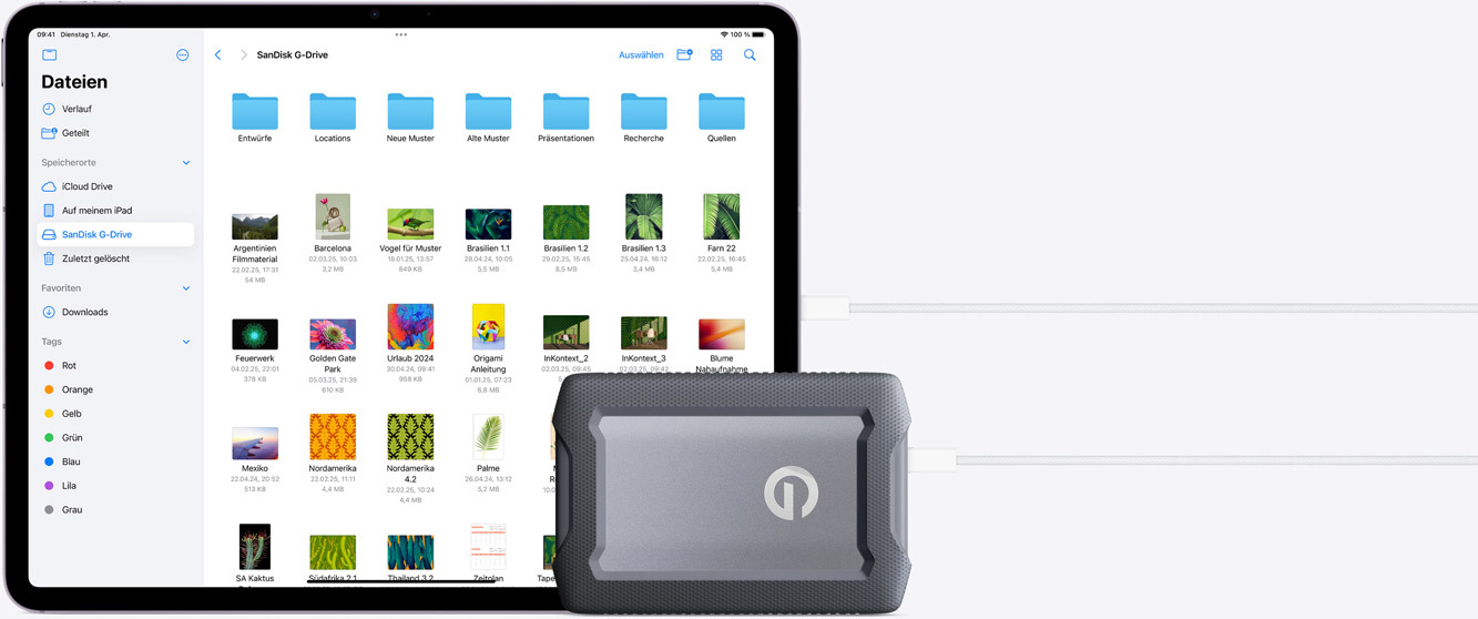 Ein iPad Air ist mit einer externen Festplatte verbunden