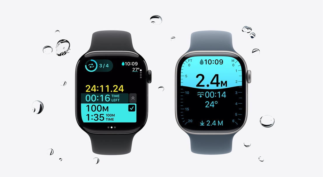 Apple Watch Series 11 devices, aluminum and titanium cases, polished jet black and gold colors, Workout app tracking Swim, water beads move off watch, Sport Bands, black and anchor blue colors