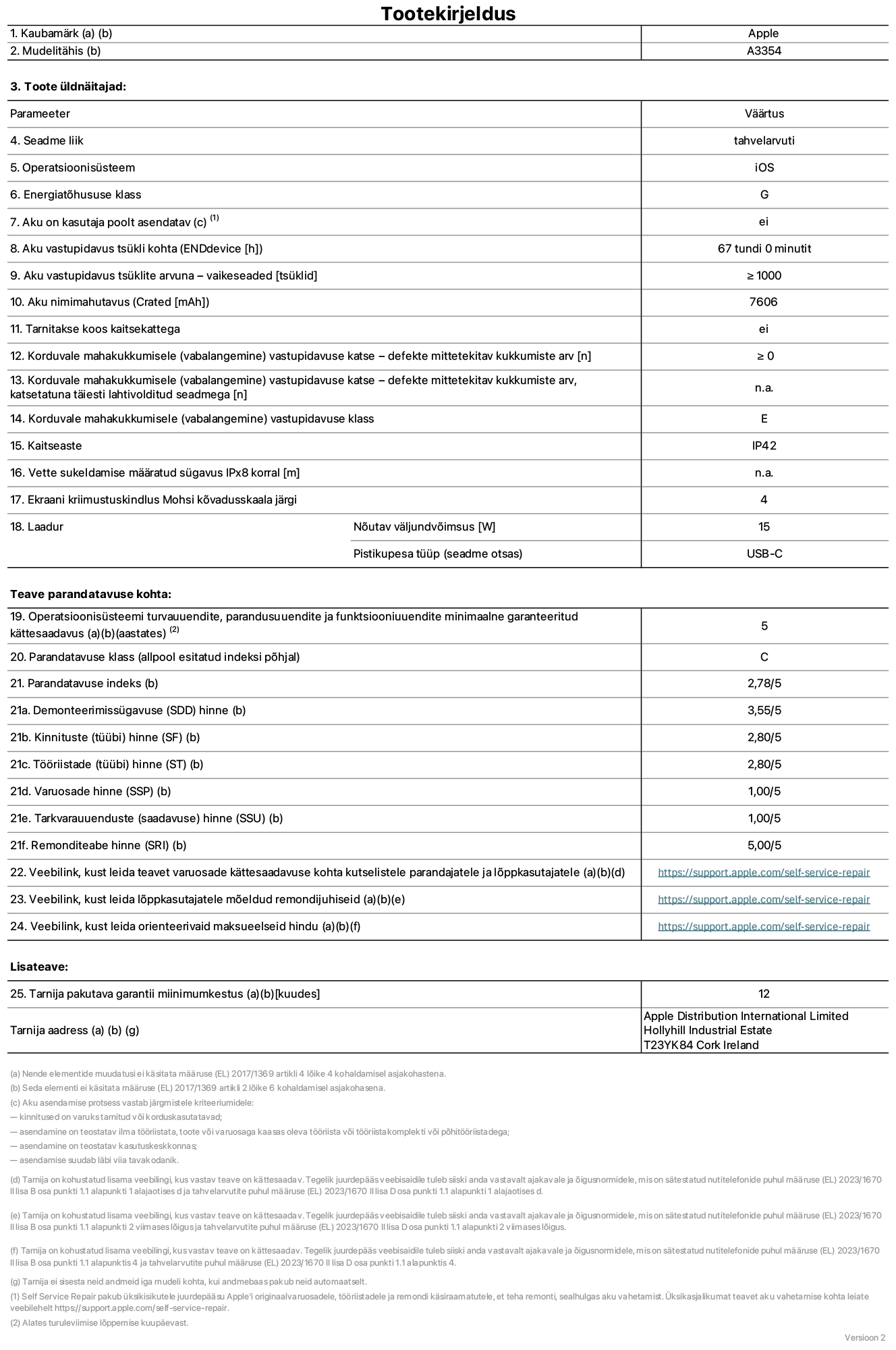 Toote iPad Wi-Fi, mudeli A3354 infoleht. Tarnija on Apple Distribution International Limited, Hollyhill Industrial Estate. Cork, Ireland T23 YK84. Seadme tüüp: tahvelarvuti. Operatsioonisüsteem: iOS. Energiatõhususklass: G. Aku vahetatav kasutajale: ei. Aku vastupidavus: 67 tundi. Aku kestvustsüklid – vaikesätted: ≥ 1000. Akumaht: 7606 mAh. Korduv vabalangemise usaldusväärsustest – kukub ilma defektita: ≥ 0. Korduv vabalangemise usaldusväärsusklass: E. Tolmu- ja veekindluse kaitse hinnang: IP42. Ekraani kriimustuskindlus Mohsi kõvaduse skaalal: 4. Laadija nõutav väljundvõimsus: 15W. Laadija tüüp: USB-C. Opsüsteemi turva-, korrektiiv- ja funktsionaalsusvärskenduste minimaalne tagatud saadavus: 5 aastat. Parandatavusklass: C. Parandatavusindeks: 2,78/5. Lahtivõtmise sügavuse hinne: 3,55/5. Kinnitusdetailide hinne: 2,80/5. Tööriistade hinne: 2,80/5. Varuosade hinne: 1,00/5. Tarkvaravärskenduste hinne: 1,00/5. Parandusteabe hinne: 5,00/5. Teave varuosade kättesaadavuse kohta professionaalsetele parandajatele ja lõppkasutajatele: _https://support.apple.com/self-service-repair_. Parandusjuhised lõppkasutajatele: _https://support.apple.com/self-service-repair_. Soovituslikud maksueelsed hinnad: _https://support.apple.com/self-service-repair_. 12-kuune üldgarantii.