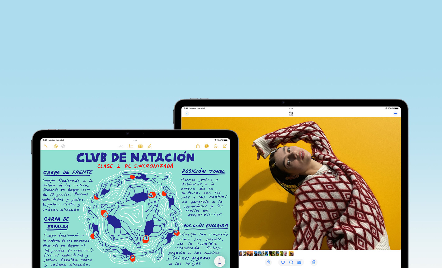Vista frontal del iPad Air de 11 pulgadas que muestra la app Notas y del iPad Air de 13 pulgadas que muestra la app Fotos para destacar la diferencia en el tamaño de las pantallas