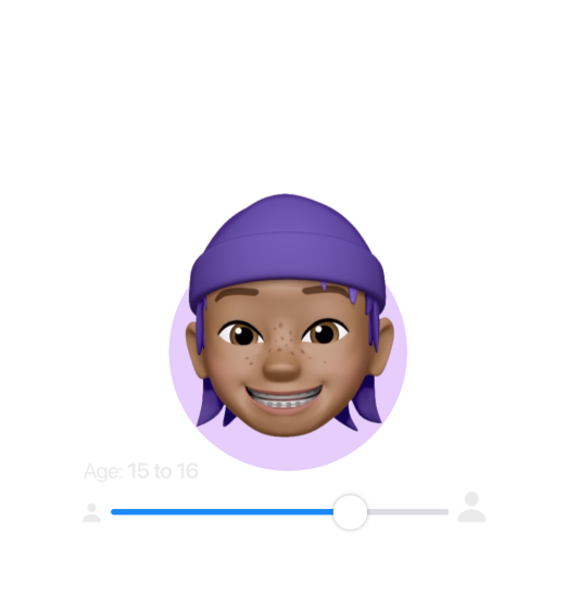 Memoji of nine-year-old boy. A slider allows selection of age range for content access. The age range displayed on the slider is 9 to11.The slider moves up to demonstrate that a user can choose an appropriate range for their child. As the age changes on the slider to 15-16 years old, the Memoji of the boy grows into an adolescent.