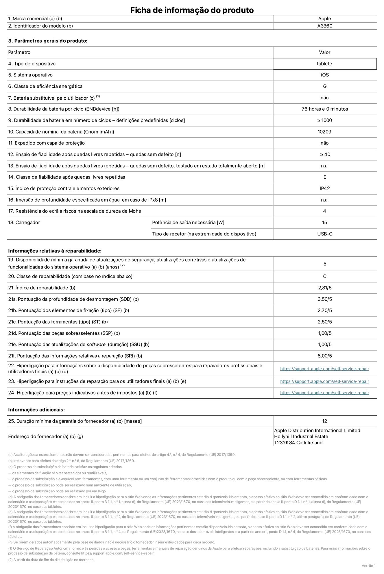Folha de informações do produto para o iPad Pro de 13 polegadas (M5) (Wi-Fi), modelo A3360. Fornecido pela Apple Distribution International Limited, Hollyhill Industrial Estate. Cork, Irlanda T23 YK84. Tipo de dispositivo: tablet. Sistema operativo: iOS. Classe de eficiência energética: G. Bateria substituível pelo utilizador: não. Autonomia da bateria por ciclo: 76 horas. Autonomia da bateria em ciclos - pré‑configurações: igual ou superior a 1000. Capacidade nominal da bateria: 10 209 miliamperes-hora. Enviado com capa protetora: não. Teste de fiabilidade após quedas livres sucessivas - quedas sem defeito: número igual ou superior a 40. Teste de fiabilidade após quedas livres sucessivas - quedas sem defeito testadas no estado totalmente aberto: não aplicável. Classe de fiabilidade após quedas livres sucessivas: E. Índice de proteção contra elementos exteriores: IP42. Imersão de profundidade especificada em água, em caso de IPx8: não aplicável. Resistência do ecrã a riscos na escala de dureza de Mohs: 4. Potência de saída necessária do carregador: 15 watts. Tipo de recetor do carregador (na extremidade do dispositivo): USB-C. Disponibilidade mínima garantida de atualizações de segurança, atualizações corretivas e atualizações de funcionalidades do sistema operativo: 5 anos. Classe de reparabilidade: C. Índice de reparabilidade: 2,81/5. Pontuação da profundidade de desmontagem (SDD): 3,50/5. Pontuação dos elementos de fixação: 2,70/5. Pontuação das ferramentas: 2,50/5. Pontuação das peças sobresselentes: 1,00/5. Pontuação das atualizações de software: 1,00/5. Pontuação das informações relativas a reparação: 5,00/5. Hiperligação para informações sobre a disponibilidade de peças sobresselentes para reparadores profissionais e utilizadores finais: https://support.apple.com/self-service-repair. Hiperligação para instruções de reparação para utilizadores finais: https://support.apple.com/self-service-repair. Hiperligação para preços indicativos antes de impostos: https://support.apple.com/self-service-repair. Oferta de garantia geral de 12 meses.