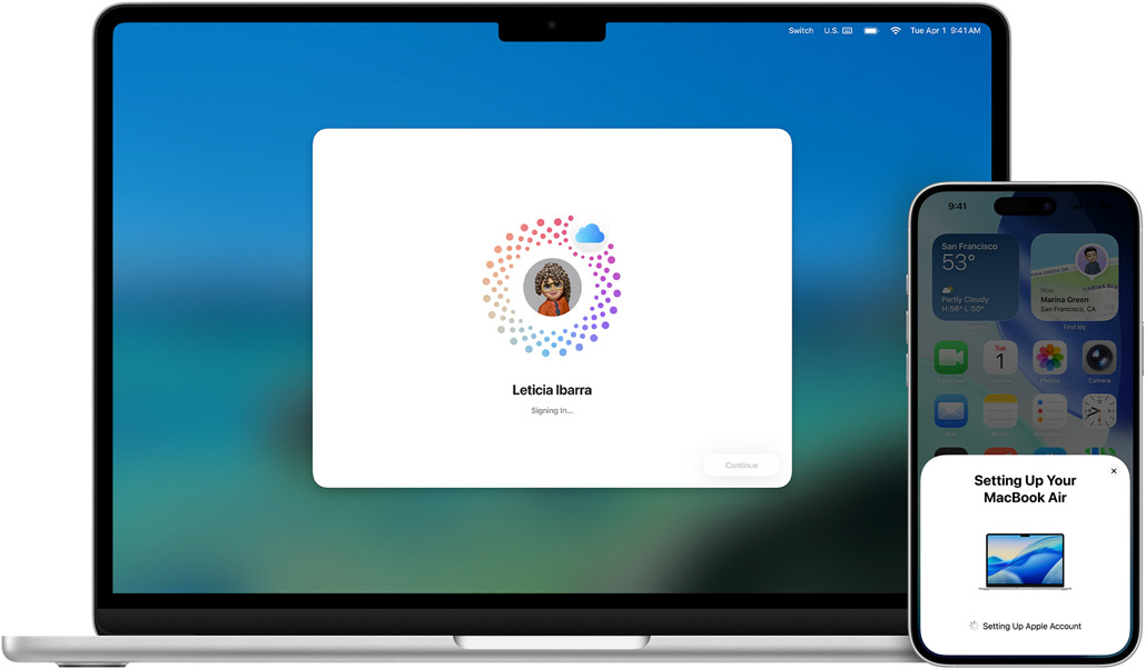 Un MacBook Air 13 pouces et un iPhone 16 Plus, macOS en cours d’installation sur le MacBook, l’iPhone affiche des invites de configuration