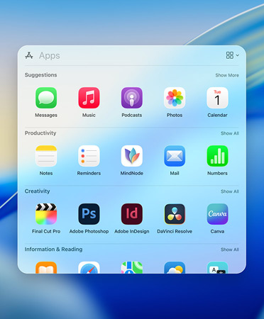 Spotlight-oversigtsmenu, der viser apps opdelt i følgende kategorier: Forsyning, Socialt, Produktivitet og økonomi, Underholdning samt Information og læsning.