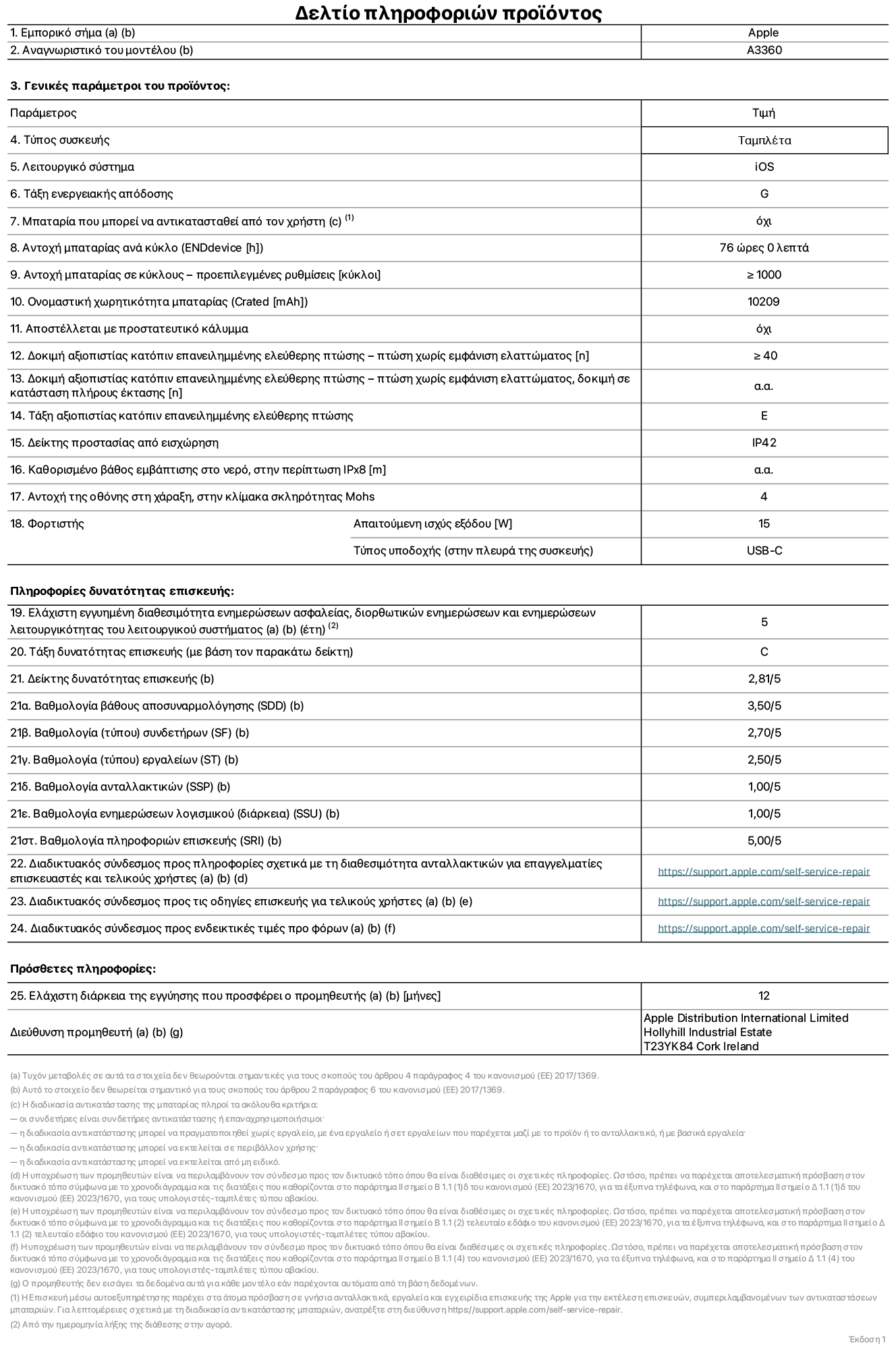 Φύλλο πληροφοριών προϊόντος για το iPad Pro M5 Wi-Fi 13 ιντσών, μοντέλο A3360. Παρέχεται από την Apple Distribution International Limited, Hollyhill Industrial Estate. Cork, Ιρλανδία, T23 YK84. Τύπος συσκευής: τάμπλετ. Λειτουργικό σύστημα: iOS. Τάξη ενεργειακής απόδοσης: G. Δυνατότητα αντικατάστασης μπαταρίας από τον χρήστη: όχι. Αντοχή μπαταρίας ανά κύκλο: 76 ώρες. Αντοχή μπαταρίας σε κύκλους - προεπιλεγμένες ρυθμίσεις: μεγαλύτερη ή ίση του 1.000. Ονομαστική χωρητικότητα μπαταρίας: 10.209 mAh. Αποστέλλεται με προστατευτικό κάλυμμα: όχι. Δοκιμή αξιοπιστίας κατόπιν επανειλημμένης ελεύθερης πτώσης, πτώσεις χωρίς βλάβη: περισσότερες ή ίσες με 40. Δοκιμή αξιοπιστίας κατόπιν επανειλημμένης ελεύθερης πτώσης, πτώσεις χωρίς βλάβη σε κατάσταση πλήρους έκτασης: μη διαθέσιμο. Τάξη αξιοπιστίας κατόπιν επανειλημμένης ελεύθερης πτώσης: E. Αξιολόγηση προστασίας από εισχώρηση: IP42. Καθορισμένο βάθος εμβύθισης σε νερό, σε περίπτωση iPx8: μη διαθέσιμο. Ανθεκτικότητα οθόνης στις γρατζουνιές στην κλίμακα σκληρότητας Mohs: 4. Απαιτούμενη ισχύς εξόδου φορτιστή: 15 W. Τύπος υποδοχής ηλεκτρικού ρεύματος φορτιστή (στο άκρο της συσκευής): USB-C. Ελάχιστη εγγυημένη διαθεσιμότητα ενημερώσεων ασφαλείας, διορθωτικών ενημερώσεων και ενημερώσεων λειτουργικότητας λειτουργικού συστήματος: 5 έτη. Τάξη επιδιορθωσιμότητας: C. Δείκτης επιδιορθωσιμότητας: 2,81/5. Βαθμολογία βάθους αποσυναρμολόγησης (SDD): 3,50/5. Βαθμολογία συνδετήρων: 2,70/5. Βαθμολογία εργαλείων: 2,50/5. Βαθμολογία ανταλλακτικών: 1,00/5. Βαθμολογία ενημερώσεων λογισμικού: 1,00/5. Βαθμολογία πληροφοριών επιδιόρθωσης: 5,00/5. Διαδικτυακός σύνδεσμος με πληροφορίες για τη διαθεσιμότητα ανταλλακτικών για επαγγελματίες τεχνικούς και τελικούς χρήστες: https://support.apple.com/self-service-repair. Διαδικτυακός σύνδεσμος με πληροφορίες επιδιόρθωσης για τελικούς χρήστες: https://support.apple.com/self-service-repair. Διαδικτυακός σύνδεσμος με ενδεικτικές τιμές προ φόρου: https://support.apple.com/self-service-repair. Προσφέρεται 12μηνη γενική εγγύηση.