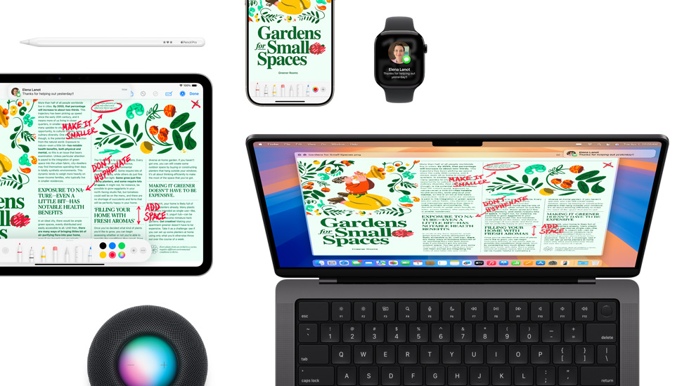 A suite of devices including an iPad, iPhone, Watch, and Mac, all featuring the same content.