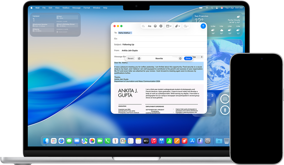 Mac showing Writing Tools and iPhone showing messages with Live Translation