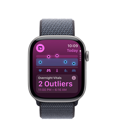 Apple Watch Series 11, space grey colour, aluminium case, Vitals app, health score chart, overnight vitals outliers notification, right side exterior, Digital Crown, Sport Loop, dark grey colour