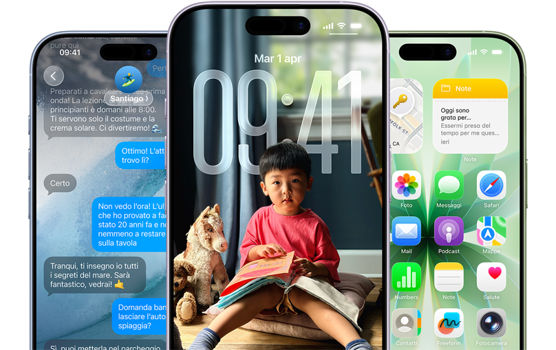 Vari iPhone 17 mostrati di fronte nei colori azzurro nebbia, lavanda e salvia, funzioni iOS, messaggi su sfondo personalizzato, schermata di blocco con Liquid Glass, schermata Home con diverse app