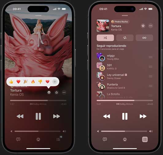 Un iPhone a la izquierda muestra en la pantalla que se está reproduciendo la canción “Tortura”, de Kenia OS, y diferentes opciones de emojis para reaccionar: pulgar hacia arriba, corazón, celebrar, pulgar hacia abajo y el signo más para agregar otra reacción. Un iPhone a la derecha muestra una playlist colaborativa llamada Canciones para el viaje con varias canciones agregadas por otras personas.