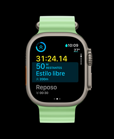 Apple Watch Ultra 3, color natural, caja de titanio, app Entrenamiento, datos de un entrenamiento personalizado, vista A Continuación, correa Ocean verde neón