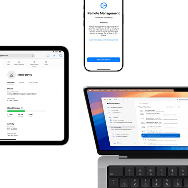 Un iPad, un iPhone y una MacBook muestran varios componentes de Apple Business Manager.