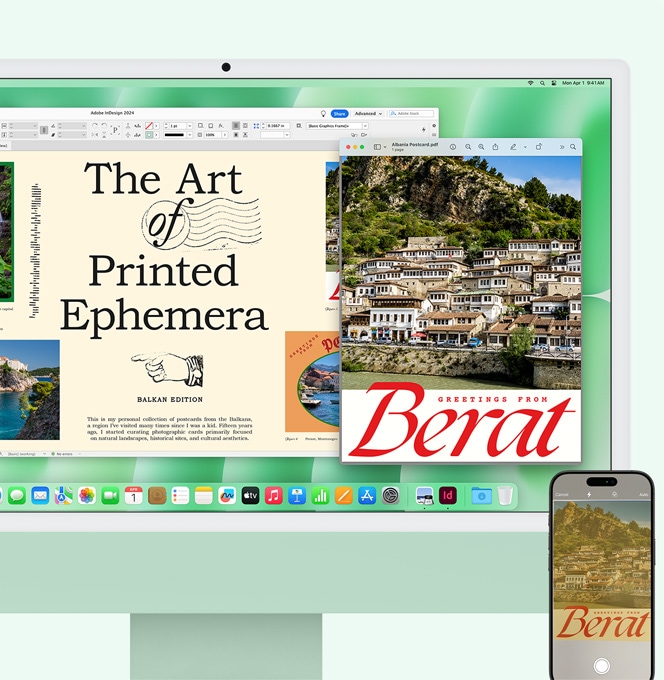 Zaļš iMac un iPhone sānu pie sāna. Ar iPhone skenēts dokuments parādās iMac ekrānā