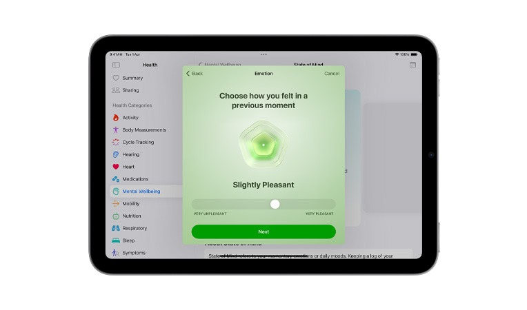 iPad mini Pure Front Horizontal, UI reads Health app, state of mind slider selection