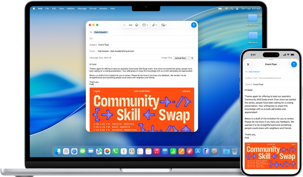 iPhone 16 Plus, 13-inch MacBook Air, Mail app open, the same e-mail draft displayed on both screens