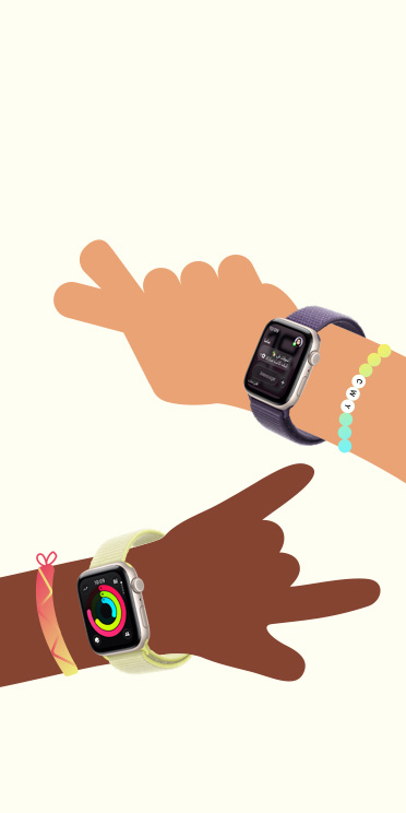 رسم توضيحي لمعصمي طفلين يرتديان ساعة Apple Watch SE 3