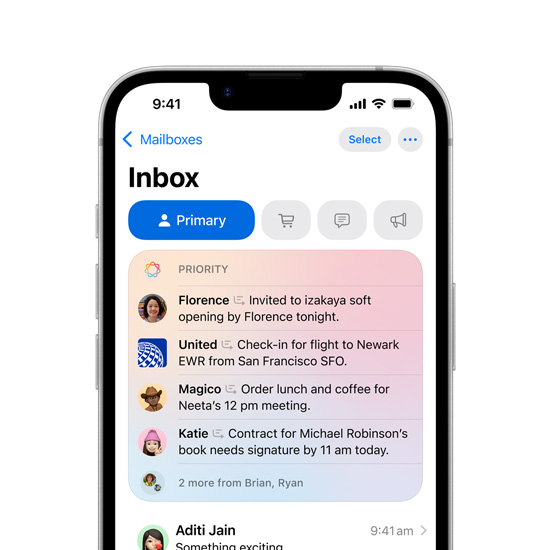 Partial view of iPhone 16e screen showing Priority Messages in Mail.