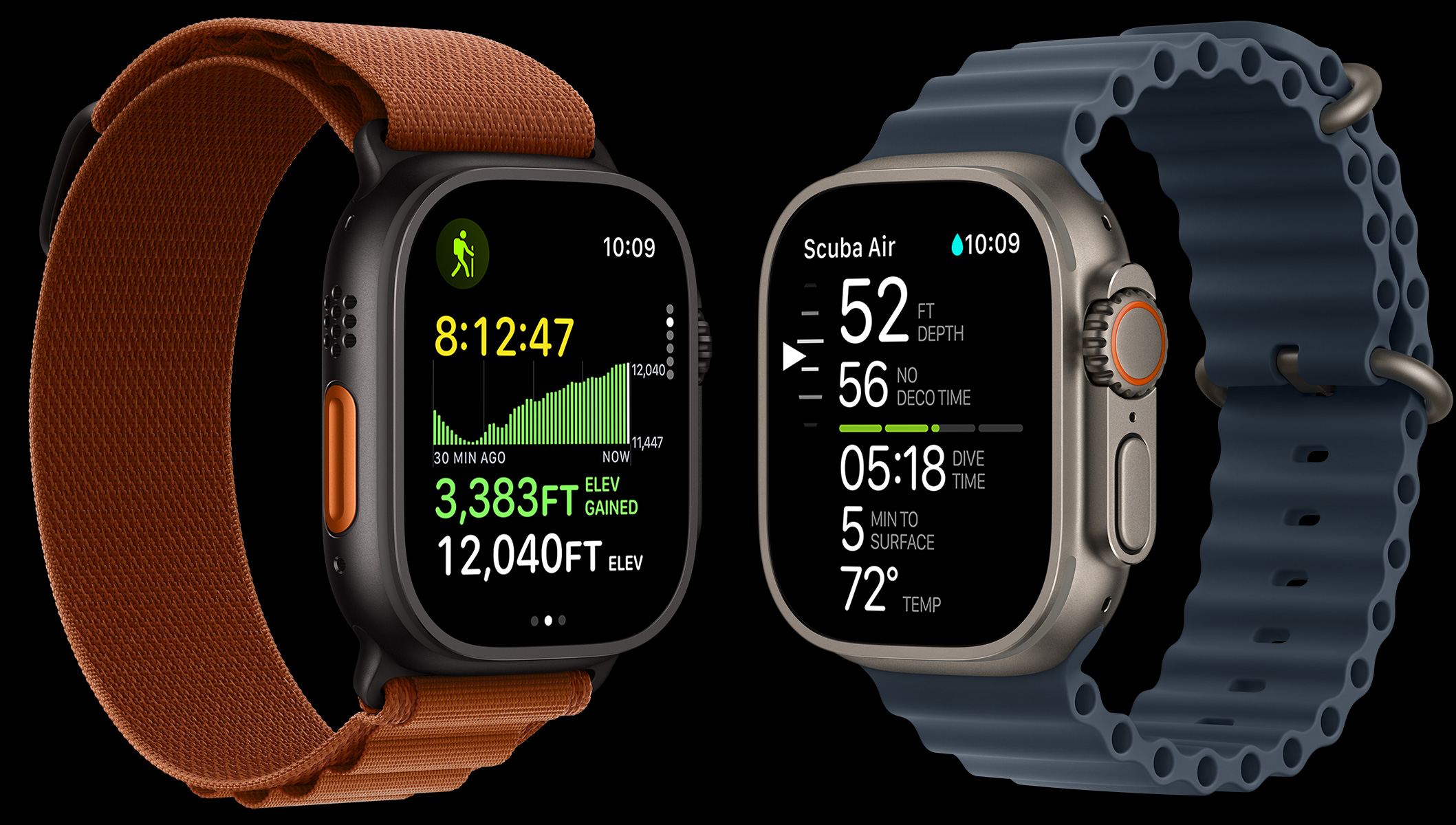 Apple Watch Ultra 3 devices, titanium cases, black and natural colors, trail map, diving metrics, bands, Alpine Loop, terra cotta color, Ocean Band anchor blue color