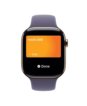 Apple Watch Series 11 z kopertą z tytanu w kolorze złota, opaska sportowa w kolorze mlecznego fioletu, Apple Pay, prawy bok urządzenia, pokrętło Digital Crown