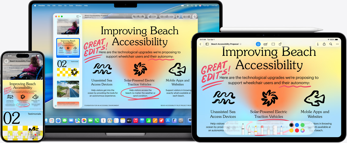 Multiple Apple devices, the same image on each device, an Apple&nbsp;Pencil has been used to mark up the image on the iPad, markup reflects on the other devices