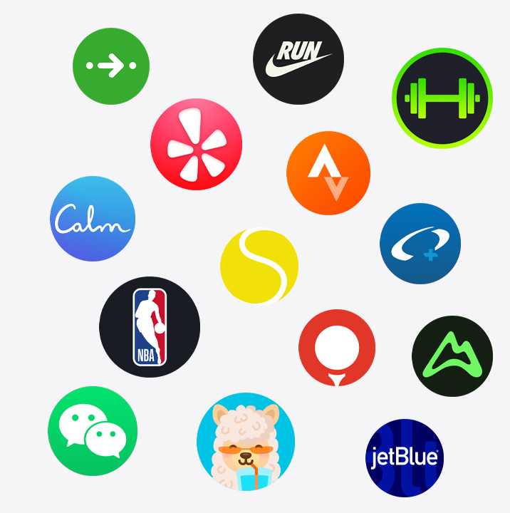 Ikony apiek pre Apple Watch: ChargePoint, Yelp, Nike Run Club, SmartGym, Calm, NBA, SwingVision, Oceanic+, WeChat, Waterllama, Golfshot, JetBlue, AllTrails