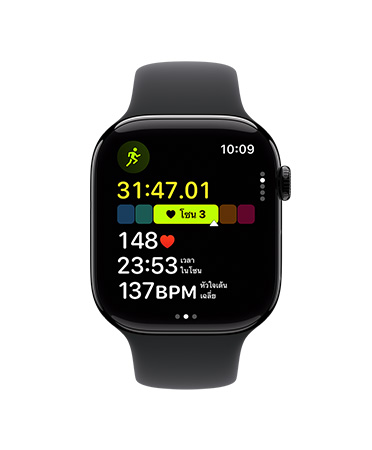 Apple Watch Series 11, aluminum case, polished jet black color, Outdoor Run workout open, heart rate in Heart Zone 3, right side exterior: Digital Crown, black Sport Band