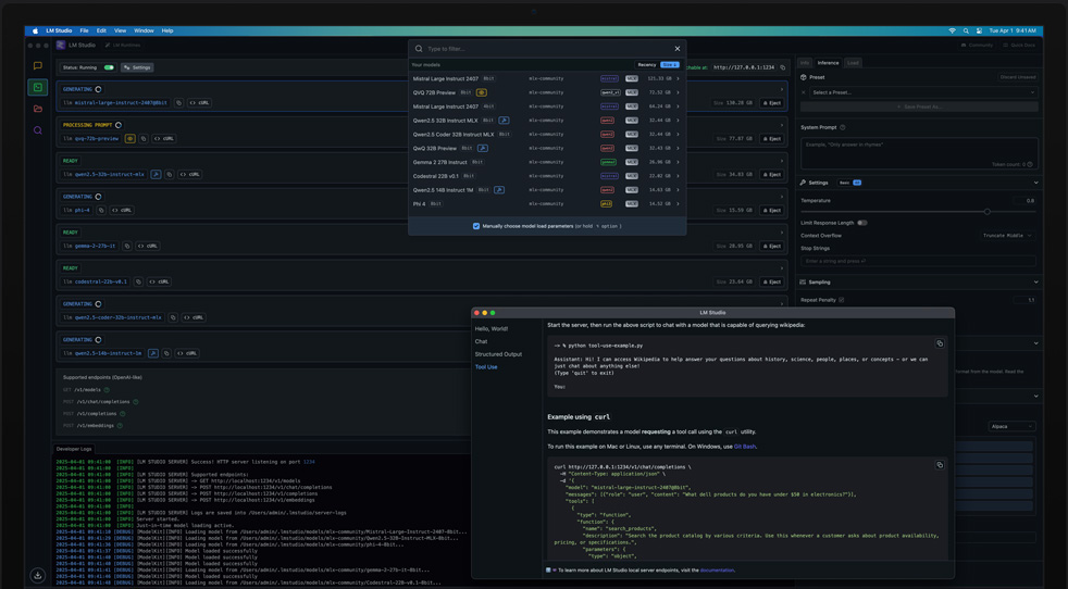 Mac Studio พร้อมชิป M3 Ultra ขณะใช้ LM Studio และ Apple MLX เพื่อตรวจสอบโมเดลการเรียนรู้ของระบบ