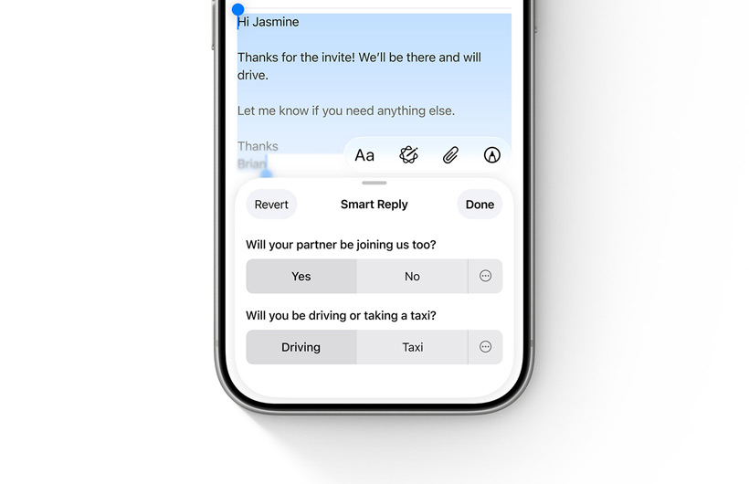 Smart Reply options in the Mail app are shown on an iPhone.