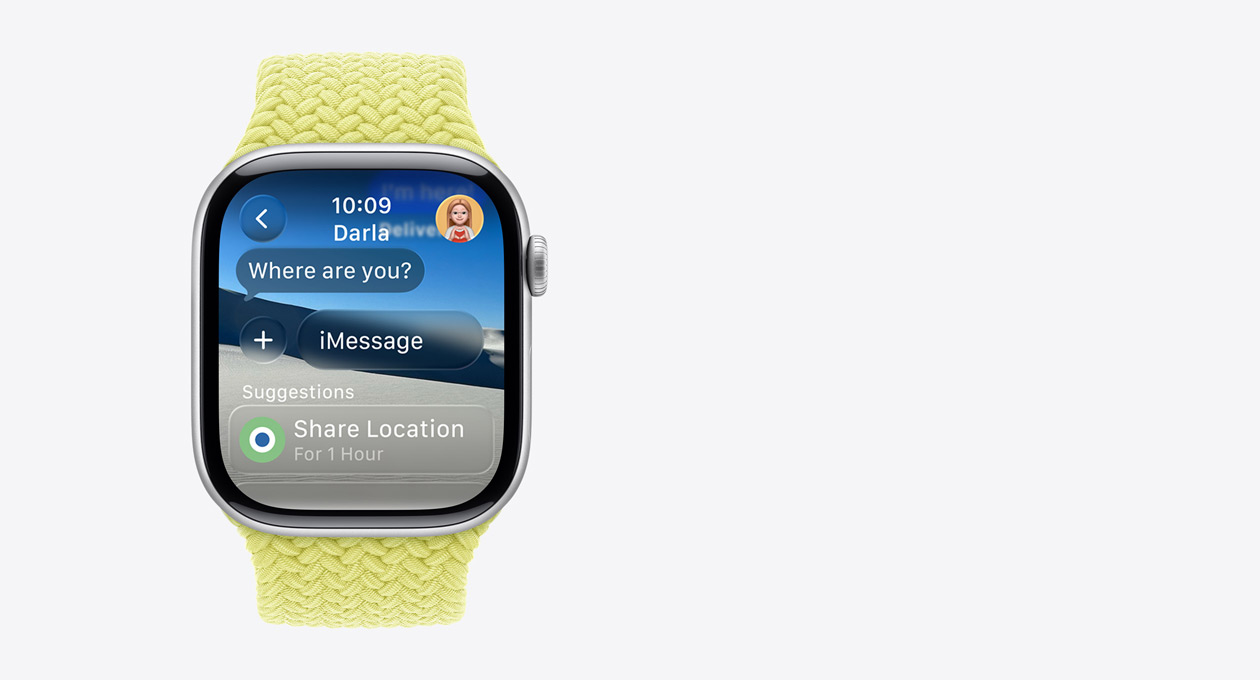 Apple Watch in Silver, Periwinkle strap, translucent message on screen says, “Where are you?”, the word “Suggestions” is below with a smart action that says “Share Location for 1 hour”