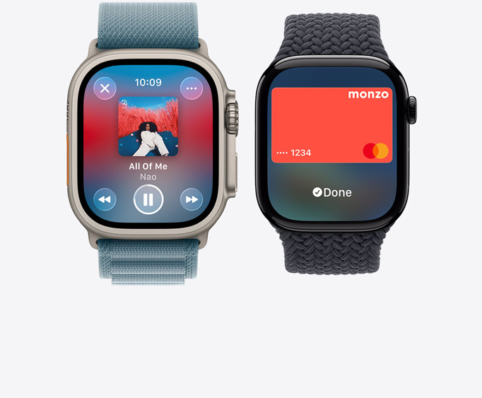 Apple Watch Ultra 3, titanium case, natural color, Apple Music app, now playing screen, Apple Watch Series 11,  aluminum case, polished jet black color, Apple Pay screen, Apple Card