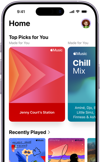 Apple Music Home tab screen on iPhone, Top Picks for You carousel showing Jenny Court's personalized stations and playlists