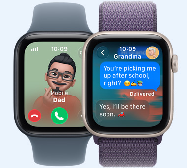 Deux Apple Watch. Une avec un Memoji de Papa qui appelle. L’autre avec un SMS pour Mamie qui dit « Mamie, on a gagné le match ! »{
