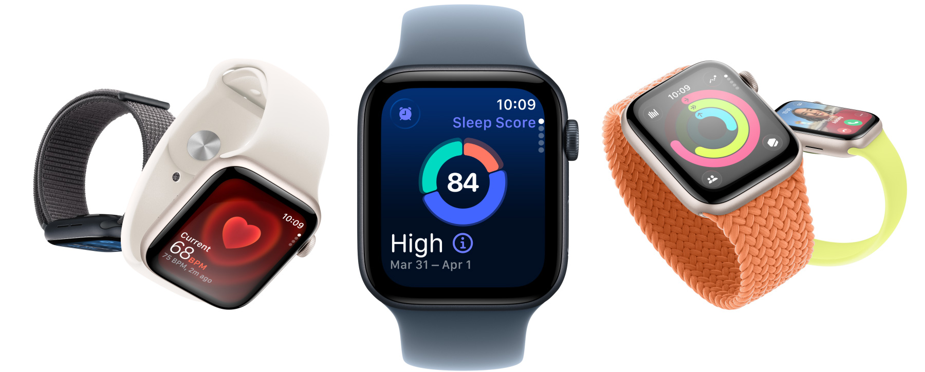 Apple Watch SE 3 with aluminum cases available in starlight and midnight colors, featuring apps such as Vitals, Heart Rate, sleep score, Activity rings, and incoming call