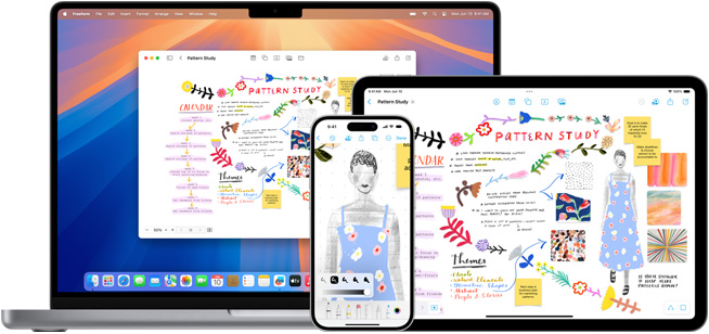 A MacBook, iPhone, and iPad all display the same Freeform board titled Pattern Study.