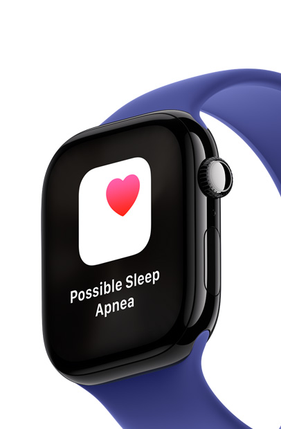 Tela do Apple Watch mostrando uma notificação de apneia do sono com o app Apneia do Sono.
