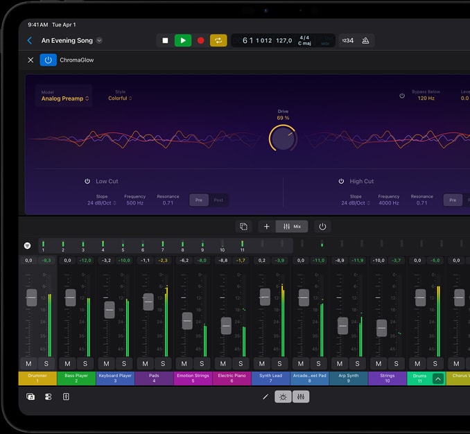 iPad Pro, front exterior, landscape orientation, space black color, display with a music editing project, audio waveform, various track controls, mixing faders, and musical instruments, in Dark Mode