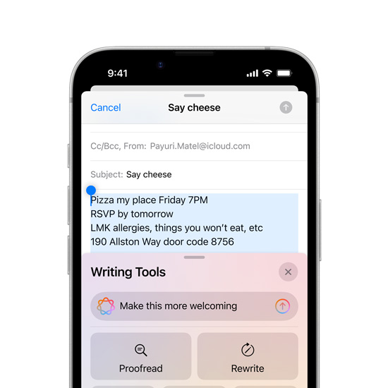 Partial view of iPhone 16e screen showing Apple Intelligence Writing Tools capabilities.