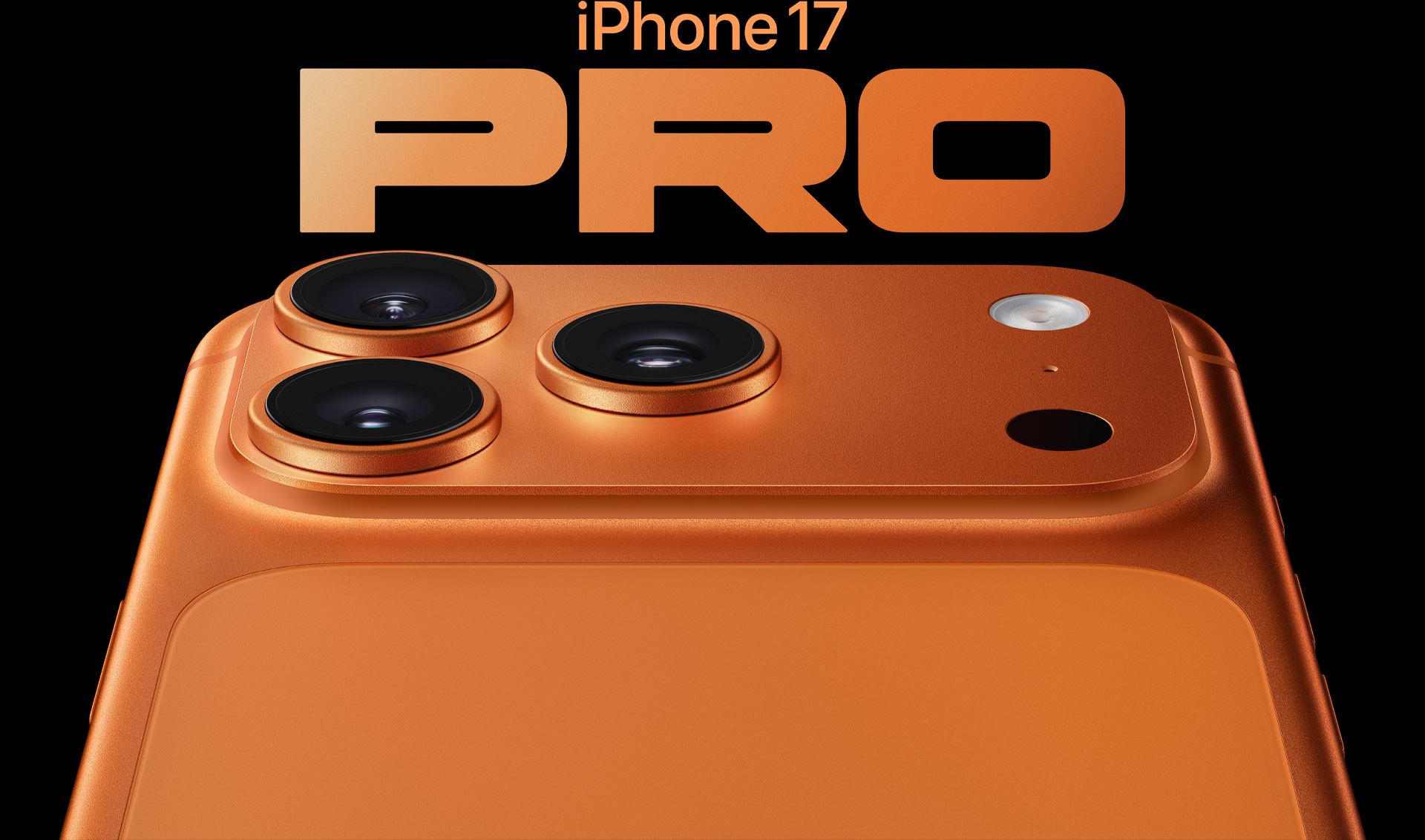 iPhone 17 Pro، لون برتقالي فلكي، جزء من الجهة الخلفية الخارجية، نظام كاميرات Pro في الزاوية العلوية اليسرى، 3 عدسات، ميكروفون، فلاش