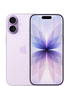 iPhone 17, back exterior, lavender colour, Dual Fusion camera system at top left, centred Apple logo, front exterior, lavender colour, Dynamic Island centred at top