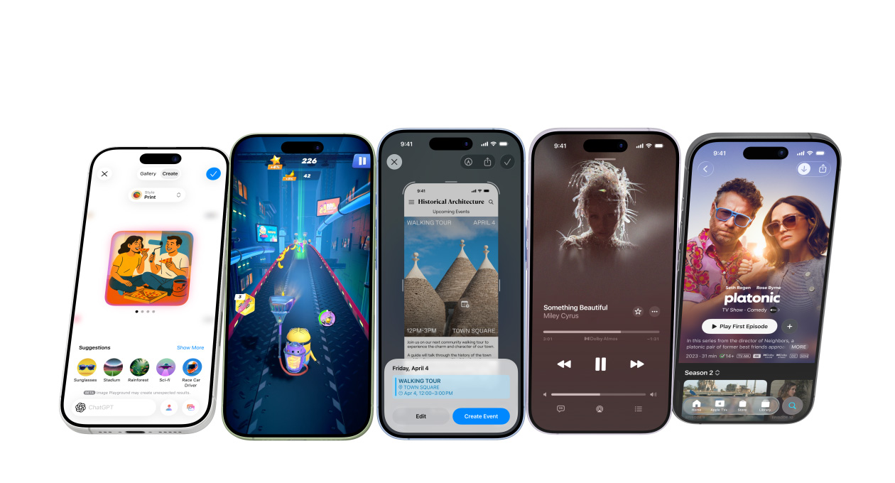 iPhone 17 seadmed erinevates värvitoonides, ekraanidel erinevad rakendused