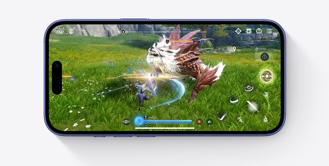 A horizontal iPhone 16 displays a scene from the Honor of Kings: World video game.
