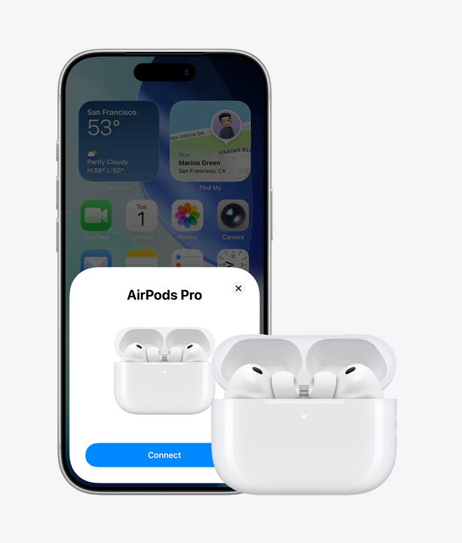 iPhone 17 Pro, eksterior depan, menampilkan layar home di latar belakang, koneksi AirPod muncul di layar, AirPods dalam casing terbuka di samping iPhone