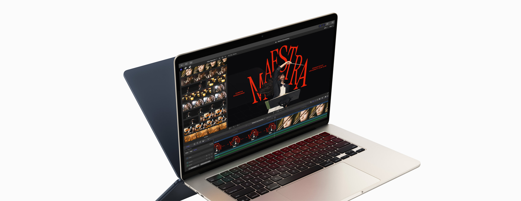 MacBook Air showing video editing in Final Cut Pro to demonstrate M4 chip capabilities — the back of a second MacBook Air appears behind the first, looking like a mirror image