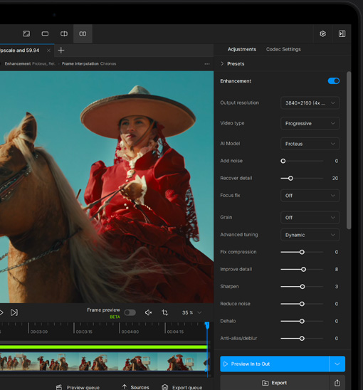 Een MacBook Pro-scherm met een video die met AI wordt verbeterd in Topaz Video