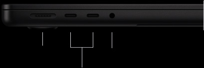 MacBook Pro 14-inch with M4 Pro or M4 Max, closed, left side, showing MagSafe 3 port, two Thunderbolt 5 ports, and headphone jack